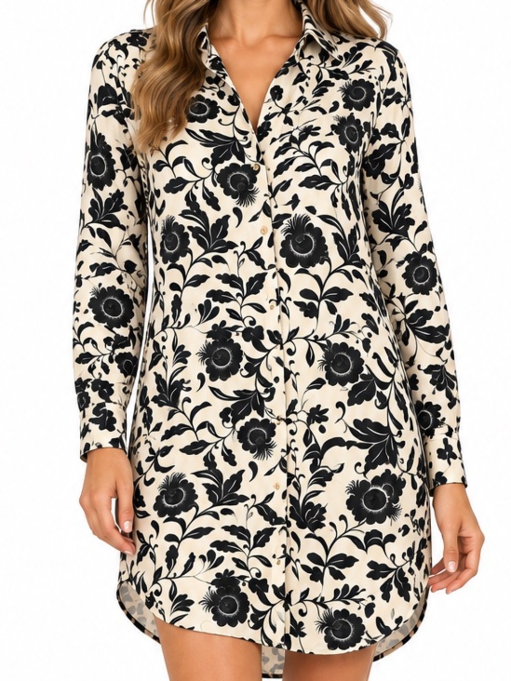 ZARA Black & Ivory Floral Satin-Effect Shirt Dress – Size Small